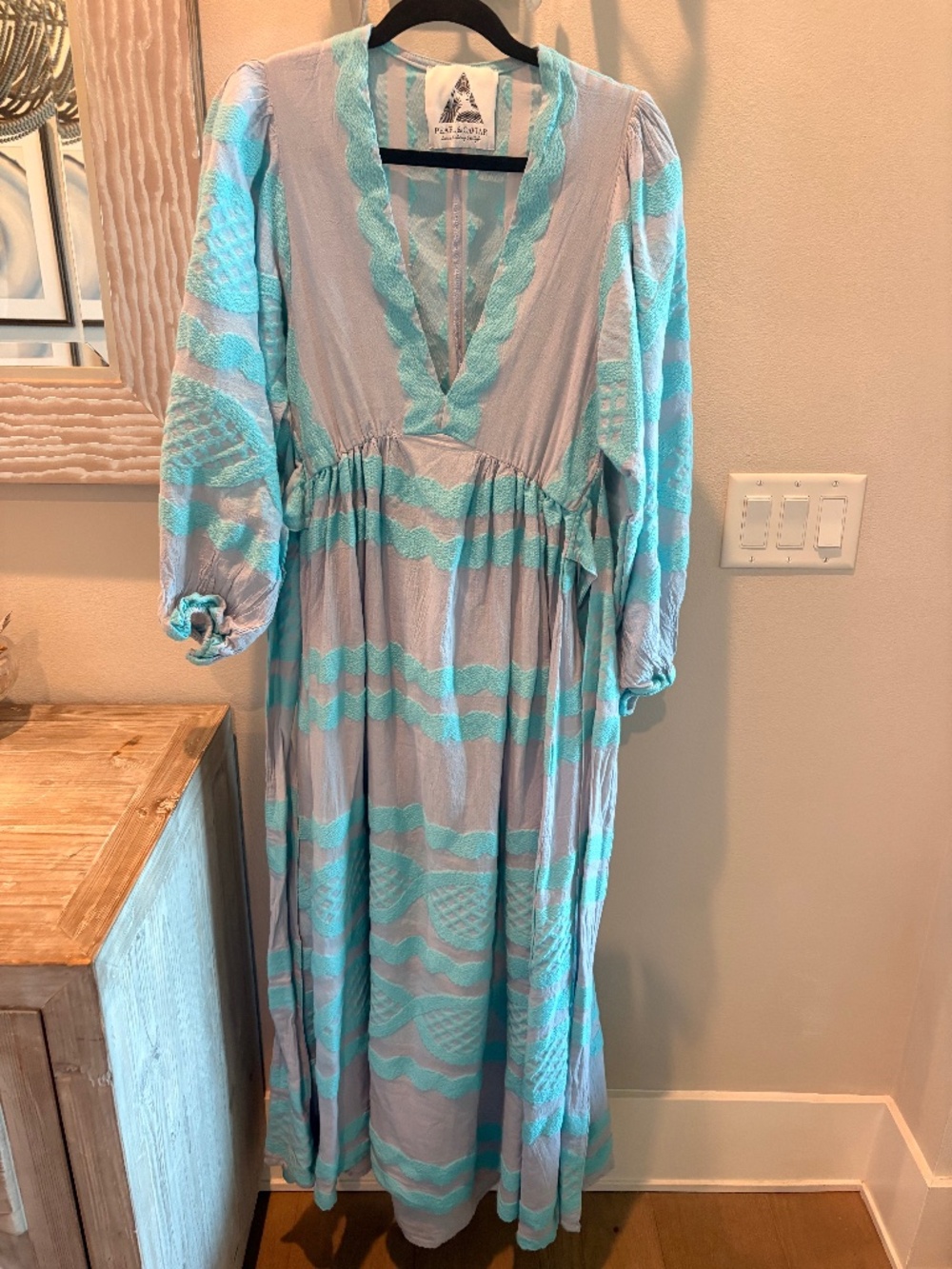Pearl & Caviar Turquoise Embroidered Open-Back Tie Waist Maxi Dress Resort Wear